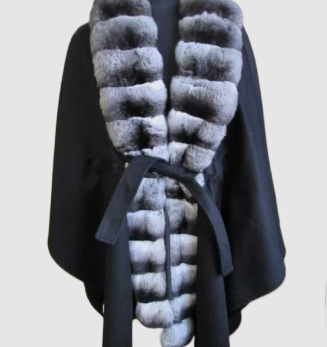 Cashmere 100% Cape Wrap with Chinchilla Fur Collar 25" NEW