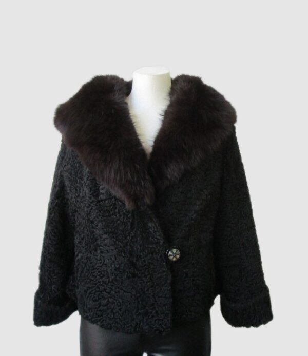 Women's Sz 8 Black Persian Lamb w/ Fox Fur Jacket Coat MINT Woman