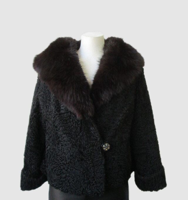 Women's Sz 8 Black Persian Lamb w/ Fox Fur Jacket Coat MINT Woman