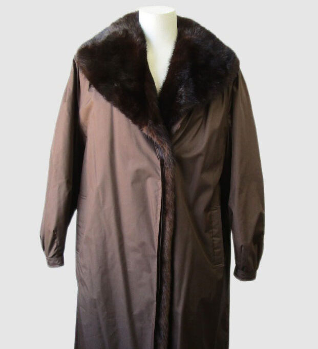 Women's Sz 14 XL MINT+ Brown Raincoat with Detachable Mink Fur Vest Lining Woman