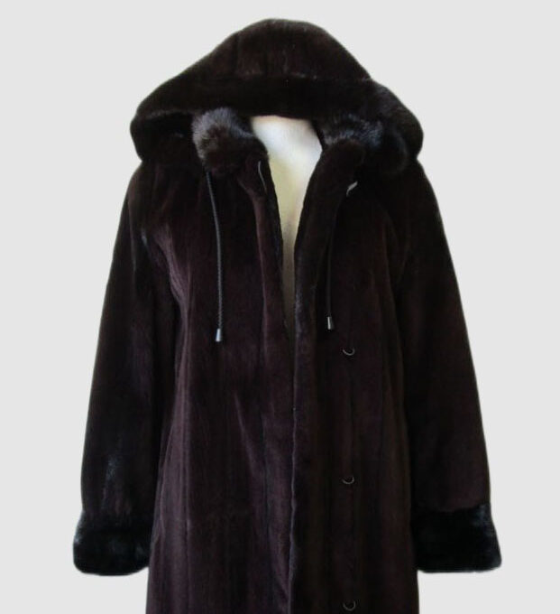Women's Sz 6 S Superb Dark Ranch Sheared Mink Fur Coat Jacket w/ HOOD