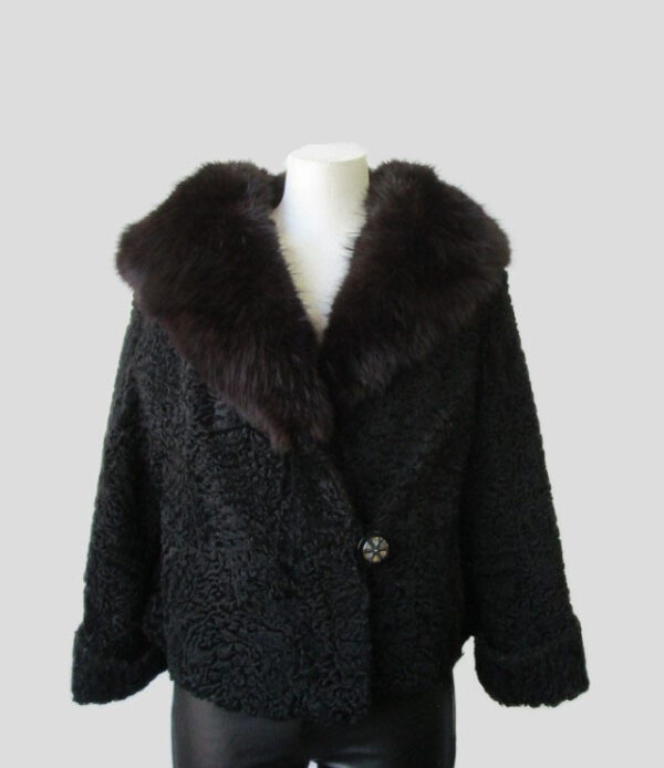 Women's Sz 8 Black Persian Lamb w/ Fox Fur Jacket Coat MINT Woman