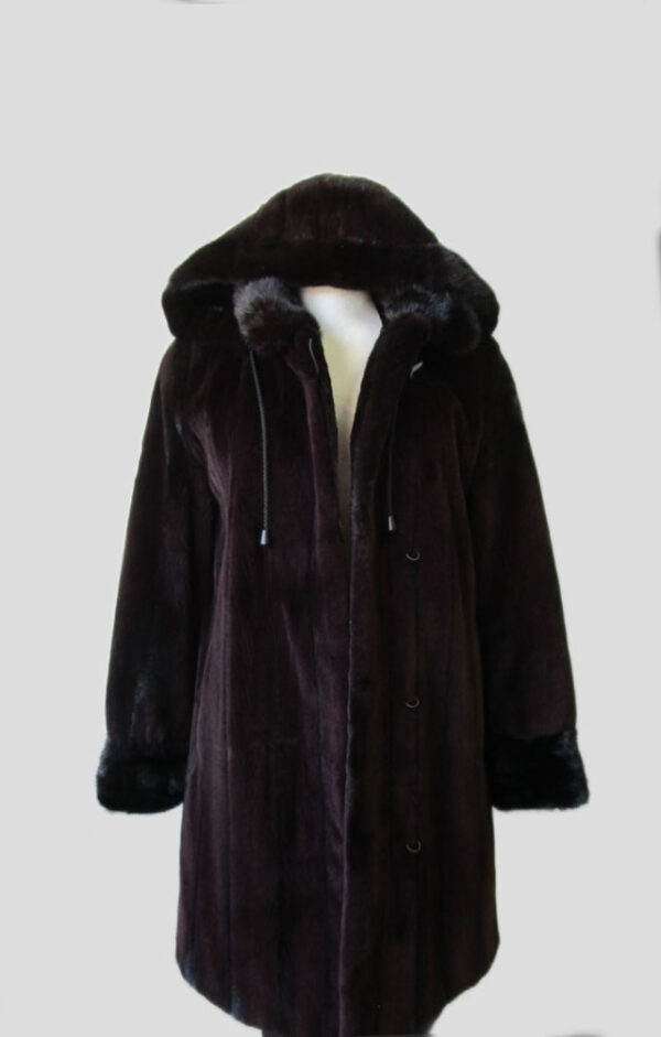 Women's Sz 6 S Superb Dark Ranch Sheared Mink Fur Coat Jacket w/ HOOD