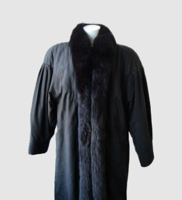 Women's Sz 14 L Superb Raincoat Black Fox Detachable Sheared Muskrat Fur Vest