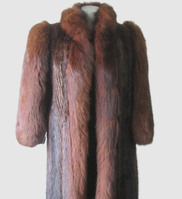 Women's Sz 8 Muskrat Fur Coat Jacket with Brown Fox Fur Sleeves MINT+ Woman