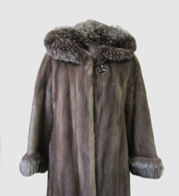 Women's Sz 6 Blue Iris Mink Fur Silver Fox Fur Coat Jacket Superb HOOD Woman
