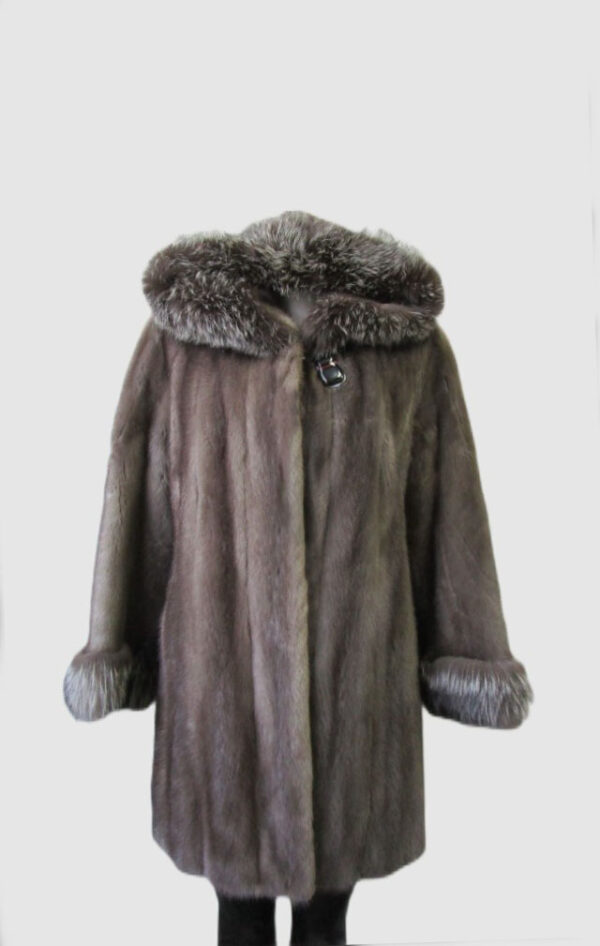 Women's Sz 6 Blue Iris Mink Fur Silver Fox Fur Coat Jacket Superb HOOD Woman