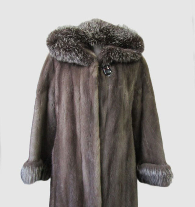 Women's Sz 6 Blue Iris Mink Fur Silver Fox Fur Coat Jacket Superb HOOD Woman