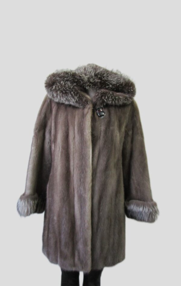 Women's Sz 6 Blue Iris Mink Fur Silver Fox Fur Coat Jacket Superb HOOD Woman
