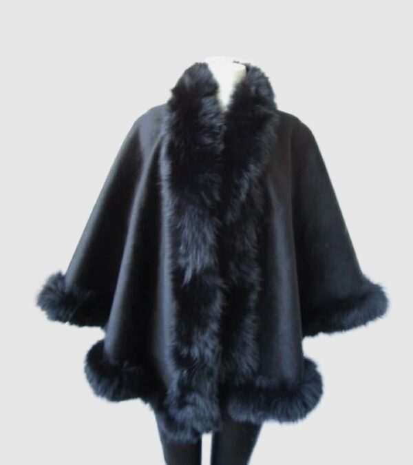 Women's Brand New Black Cashmere Wool Wrap Cape Fox Fur Trim