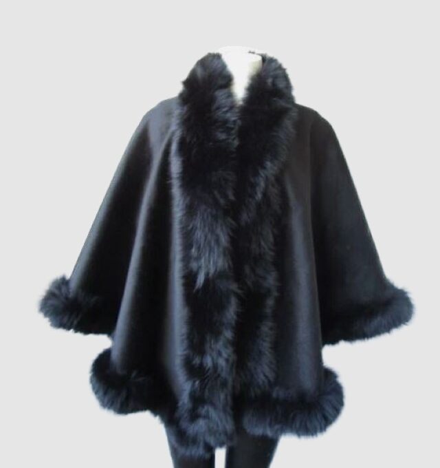 Women's Brand New Black Cashmere Wool Wrap Cape Fox Fur Trim