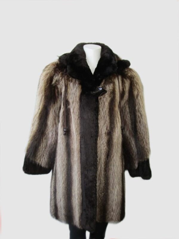 Women's Sz 8 Superb Raccoon Fur Coat Jacket Black Sheared Raccoon Det. Hood
