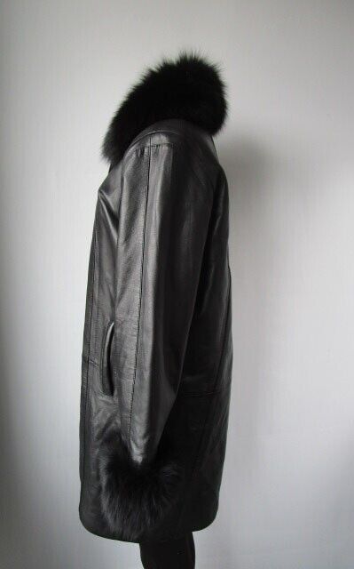 Black Leather Jacket Coat Fox Fur SUPERB Women's 10 - Image 4