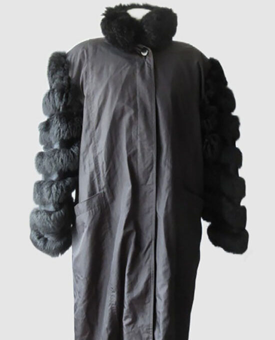 Women's Sz 10/12 Black Raincoat with Detachable Sheared Rabbit Fox Fur Vest