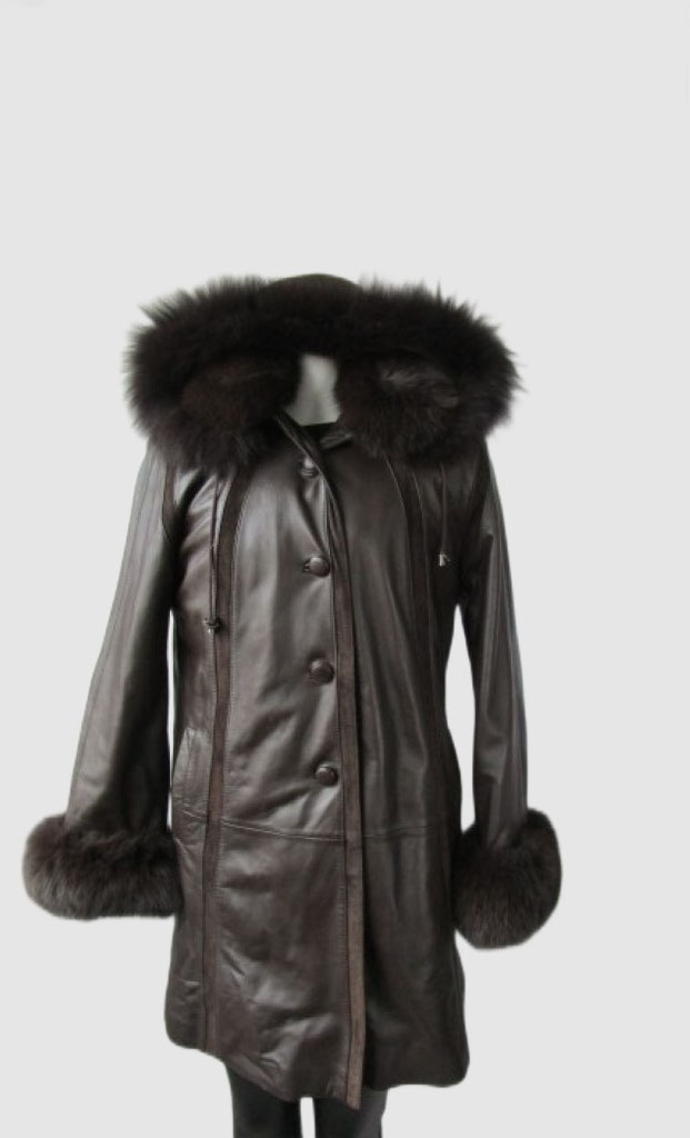 Brown Leather Coat Hood Fox Fur Women's 8 SUPERB