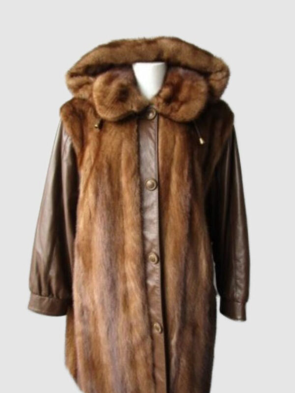 Mink Fur Coat Jacket Brown Leather Hood MINT Women's Sz 12