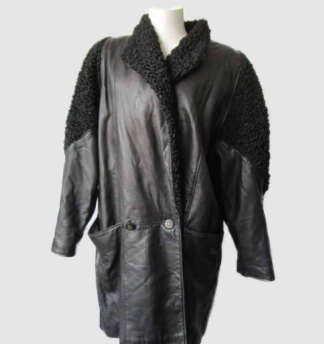 Women's Sz 10 Black Top Quality Leather Jacket Coat with Persian Lamb Fur SUPERB