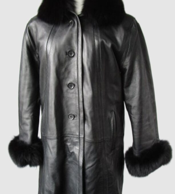 Women's Sz 10 Black Leather Jacket Coat Fox Fur Trim SUPERB Ladies