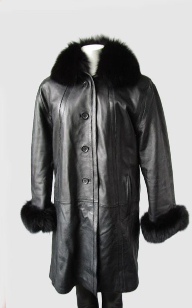 Black Leather Jacket Coat Fox Fur SUPERB Women's 10