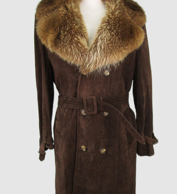 Women's Sz 10 Brown Suede Coat with Raccoon Fur Collar MINT Woman
