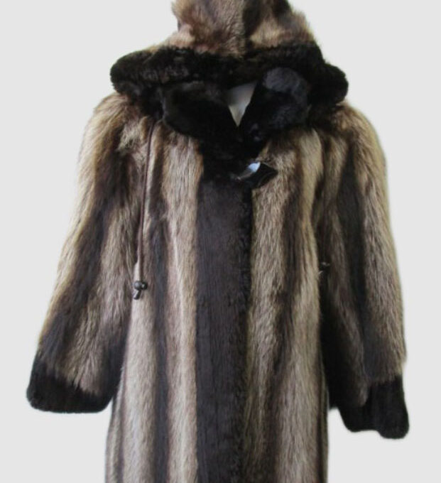 Women's Sz 8 Superb Raccoon Fur Coat Jacket Black Sheared Raccoon Det. Hood