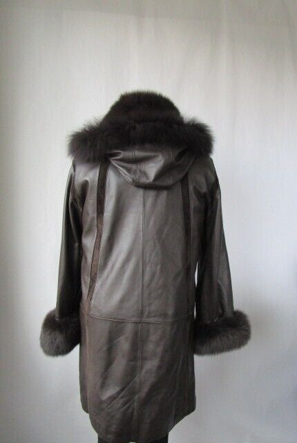 Brown Leather Coat Hood Fox Fur Women's 8 SUPERB - Image 10