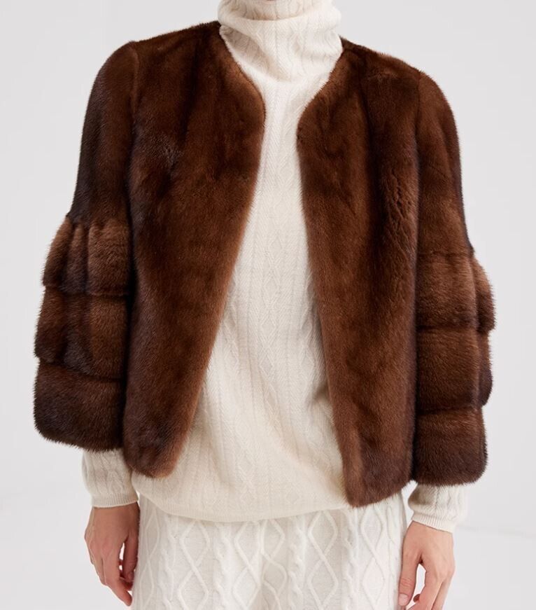 Mink Fur Bolero Jacket Coat Sz M Natural Dark Brown