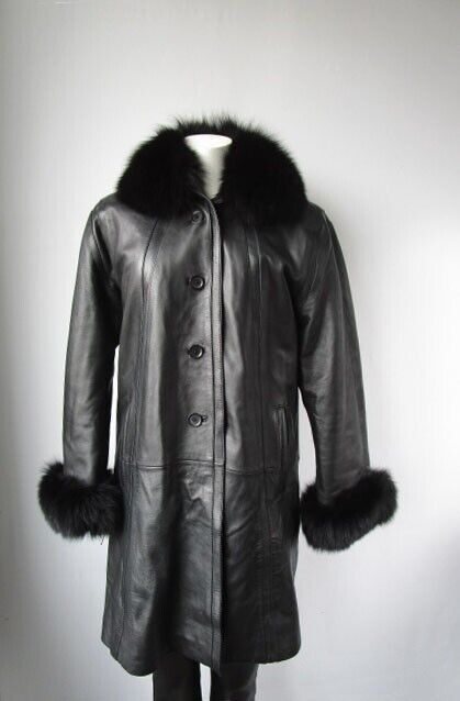 Women's Sz 10 Black Leather Jacket Coat Fox Fur Trim SUPERB Ladies