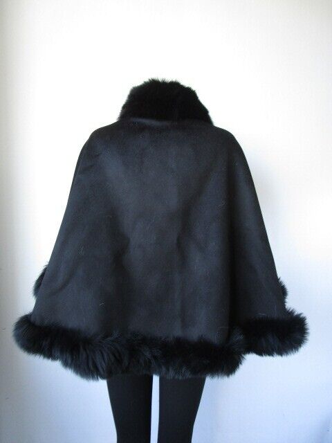 Women's New Black Cashmere Wool Wrap Cape Fox Fur - Image 5