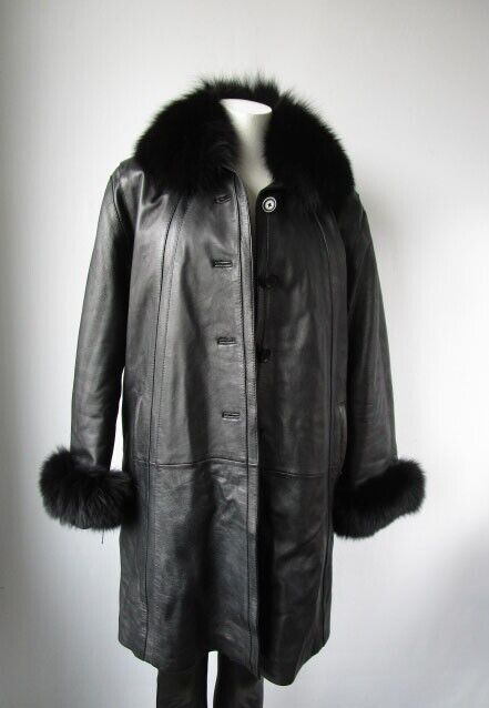 Black Leather Jacket Coat Fox Fur SUPERB Women's 10 - Image 7