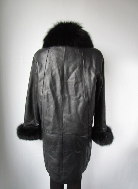 Black Leather Jacket Coat Fox Fur SUPERB Women's 10 - Image 5