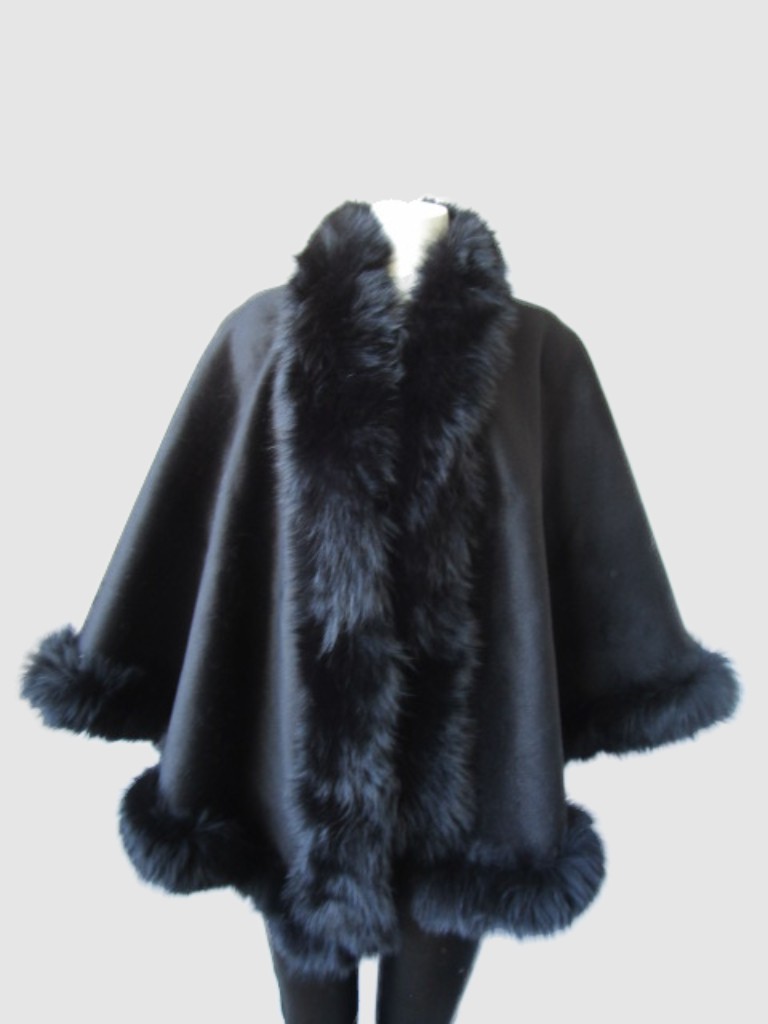 Women's New Black Cashmere Wool Wrap Cape Fox Fur