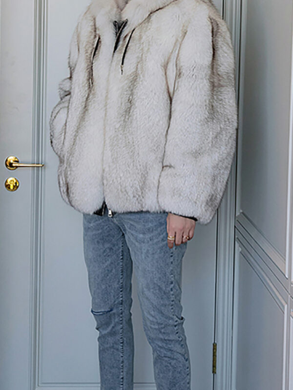 Norwegian Blue Fox Fur Coat Jacket with Hood