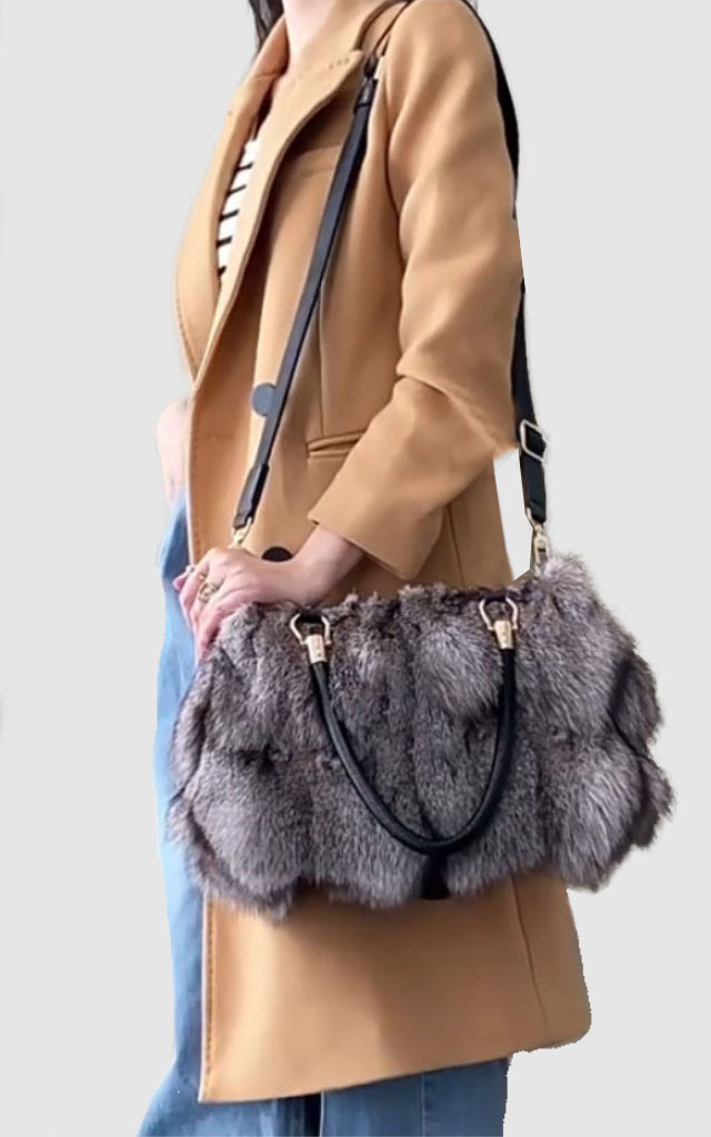 Silver Fox Fur Leather Purse Shoulder Bag Women's New
