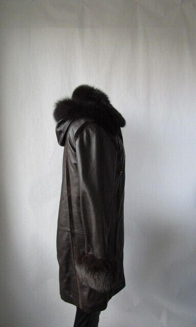 Brown Leather Coat Hood Fox Fur Women's 8 SUPERB - Image 9