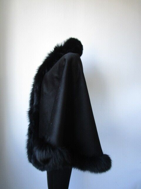 Women's New Black Cashmere Wool Wrap Cape Fox Fur - Image 3
