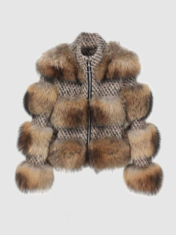 Finn Raccoon Fur Trimmed Wool Blend Bolero Jacket Brown Sz S