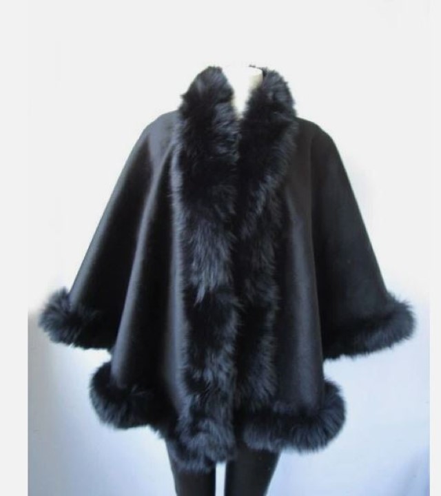 Women's New Black Cashmere Wool Wrap Cape Fox Fur - Image 2