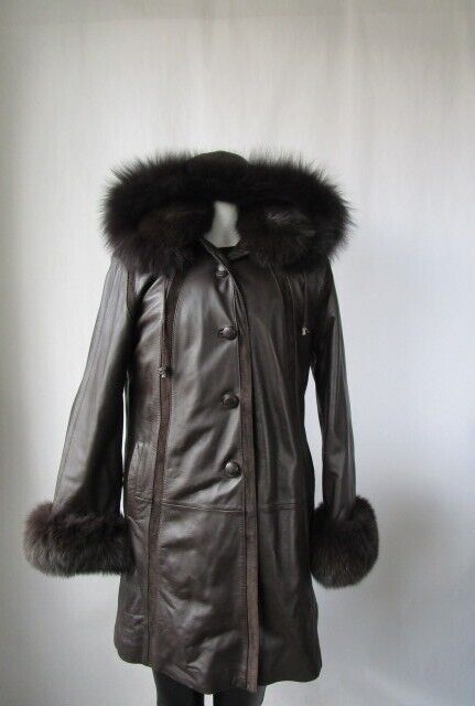 Brown Leather Coat Hood Fox Fur Women's 8 SUPERB - Image 8