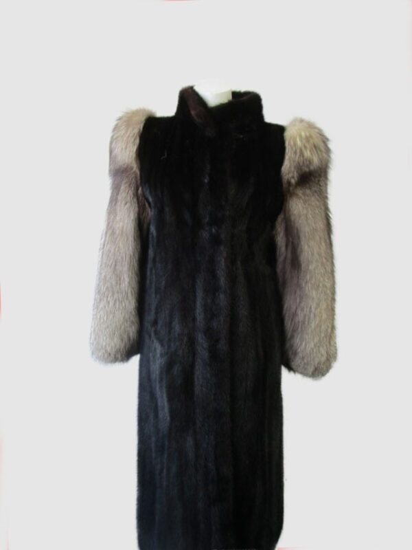 Women's Sz 6 Black Mink Fur Coat Jacket with Silver Fox Fur MINT Woman