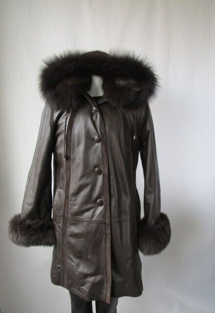 Brown Leather Coat Hood Fox Fur Women's 8 SUPERB - Image 6