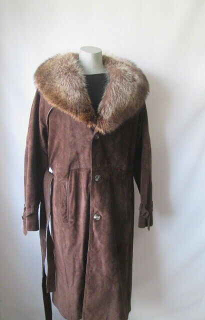 Suede Brown Coat with Raccoon Fur Collar MINT Sz 8 - Image 4