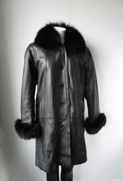 Black Leather Jacket Coat Fox Fur SUPERB Women's 10 - Image 3