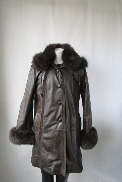 Brown Leather Coat Hood Fox Fur Women's 8 SUPERB - Image 7