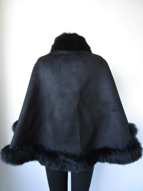 Women's New Black Cashmere Wool Wrap Cape Fox Fur - Image 4