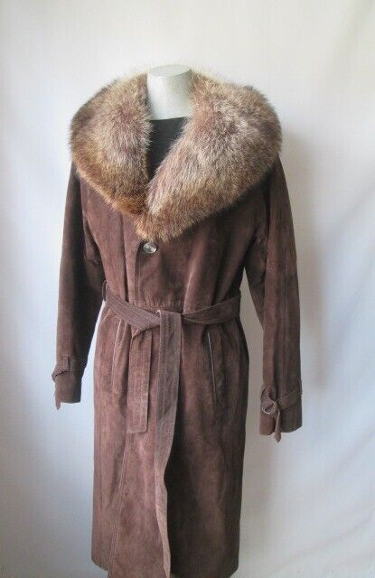 Suede Brown Coat with Raccoon Fur Collar MINT Sz 8 - Image 3