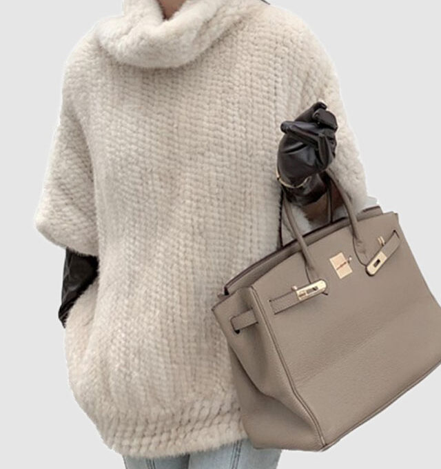 Knitted Mink Fur Poncho Sweater Oatmeal Beige Cream