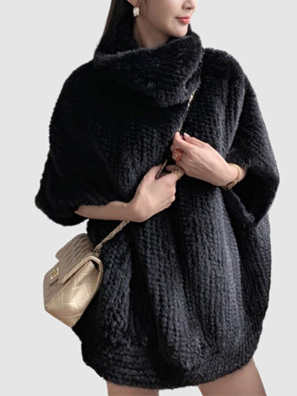 Knitted Mink Fur Poncho Sweater Black