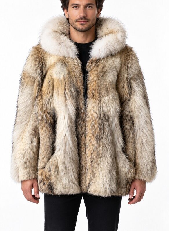 Men's Coyote Fur Coat Jacket with Hood Showroom New
