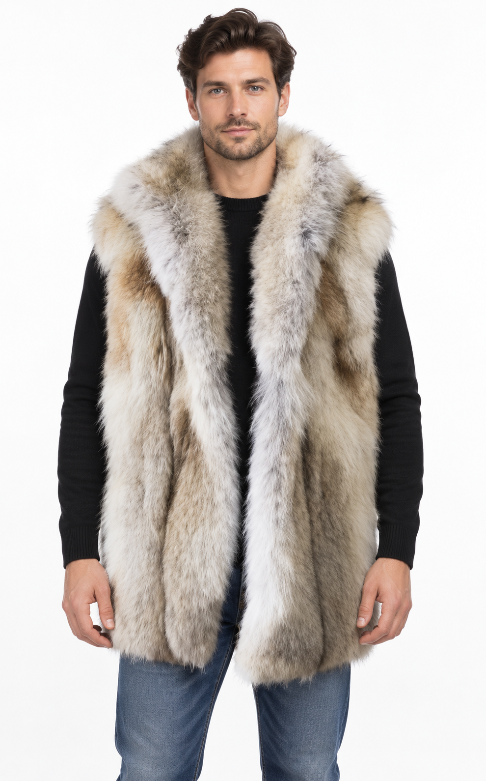 Men's New Coyote Fur Vest with Hood